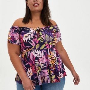 NWT Torrid Multi Leaves Super Soft Knits Knot Front Off Shoulder Top Sz 2x 18/20